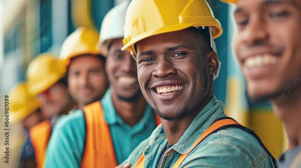 A group of smiling construction workers wearing uniforms A group of smiling construction workers wearing uniforms