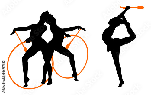 aro, gimnasia, deportes, acrobatas, gimnastas, silueta, vectores, gimnasia ritmica
