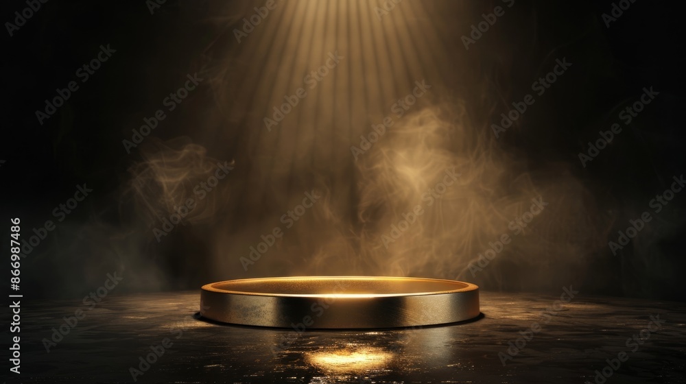 Gold podium on dark background with smoke. Empty pedestal for award ceremony. Platform illuminated by spotlights Gold podium on dark background with smoke. Empty pedestal for award ceremony. Platform illuminated by spotlights