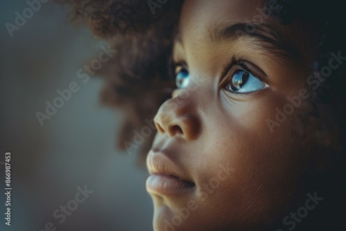 Close up portrait of young child with thoughtful expression looking up with hope in eyes