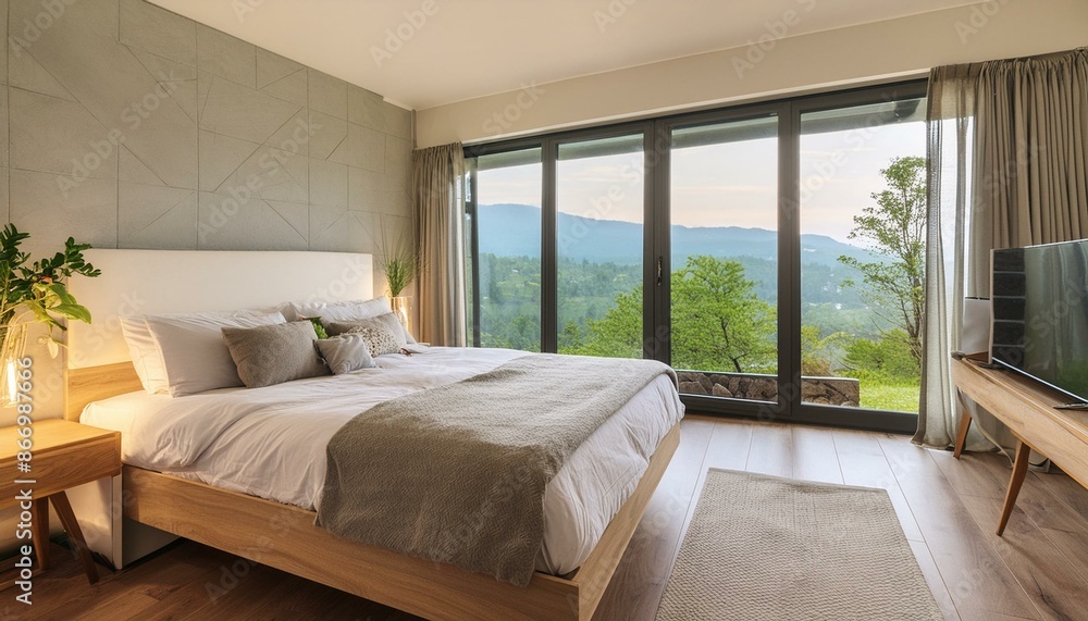 Fototapeta premium A cozy bedroom with a king-size bed, soft lighting, and a large window with a view