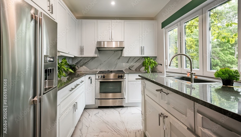 A contemporary kitchen with stainless steel appliances, white cabinets, and a marble counter A contemporary kitchen with stainless steel appliances, white cabinets, and a marble counter