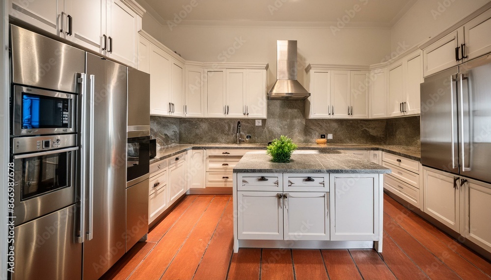 A contemporary kitchen with stainless steel appliances, white cabinets, and a marble counter A contemporary kitchen with stainless steel appliances, white cabinets, and a marble counter