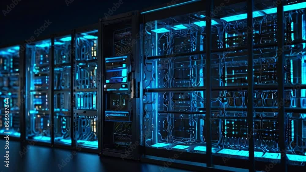 A dark room filled with tall, black server racks with bright, blue lights. A dark room filled with tall, black server racks with bright, blue lights.