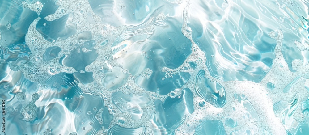 Obraz premium Texture of crystal-clear water with ripples, splashes, and bubbles: an abstract summer banner background of sunlit water waves, with space for text and beauty products.