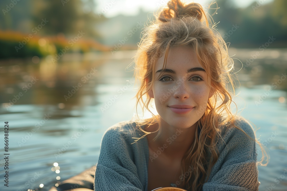 Woman Smiles on a Riverbank During Golden Hour Woman Smiles on a Riverbank During Golden Hour