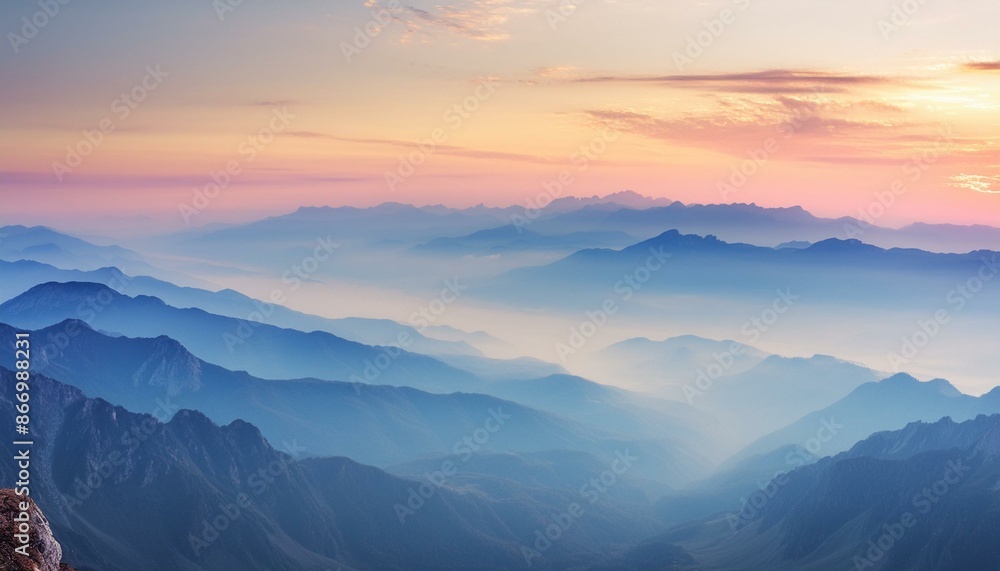 A panoramic view of a mountain range at dawn, with layers of peaks fading into the distance, A panoramic view of a mountain range at dawn, with layers of peaks fading into the distance,