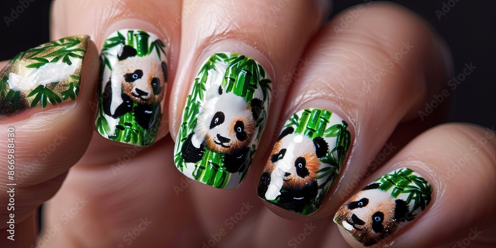 nail art design, panda, bamboo, korean style nail art design, panda, bamboo, korean style
