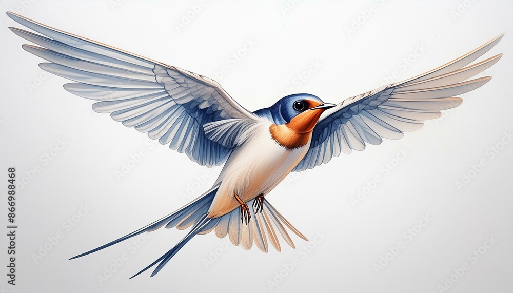 Obraz premium an elegant swallow in flight seen from below, plain white background, uncropped