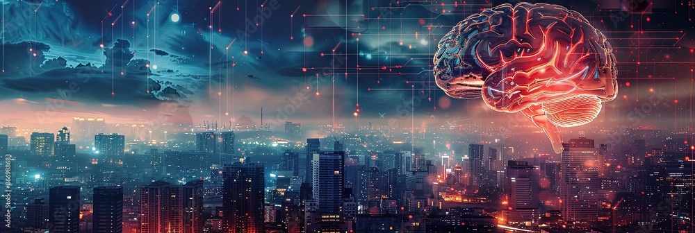 powerful AI brain glowing with circuits and data streams, towering over a cityscape. powerful AI brain glowing with circuits and data streams, towering over a cityscape.