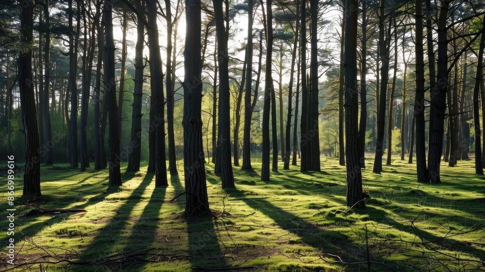 Fototapeta premium Shadows cast by tall trees in a pine forest on a bright spring morning at Blackheath Surrey