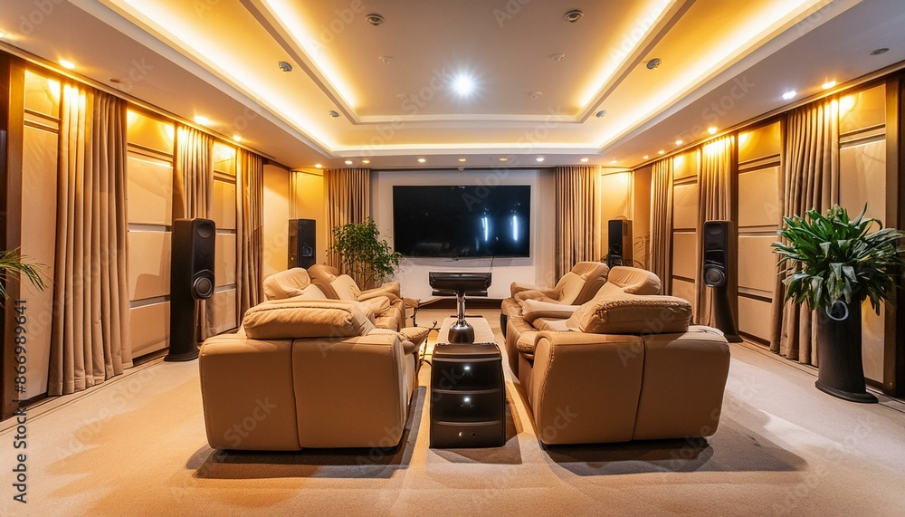 A luxurious home theater with reclining seats, a large screen, and surround sound A luxurious home theater with reclining seats, a large screen, and surround sound