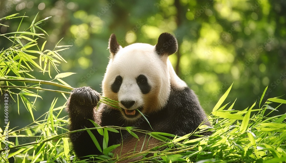 Fototapeta premium A panda bear eating bamboo in a lush green forest