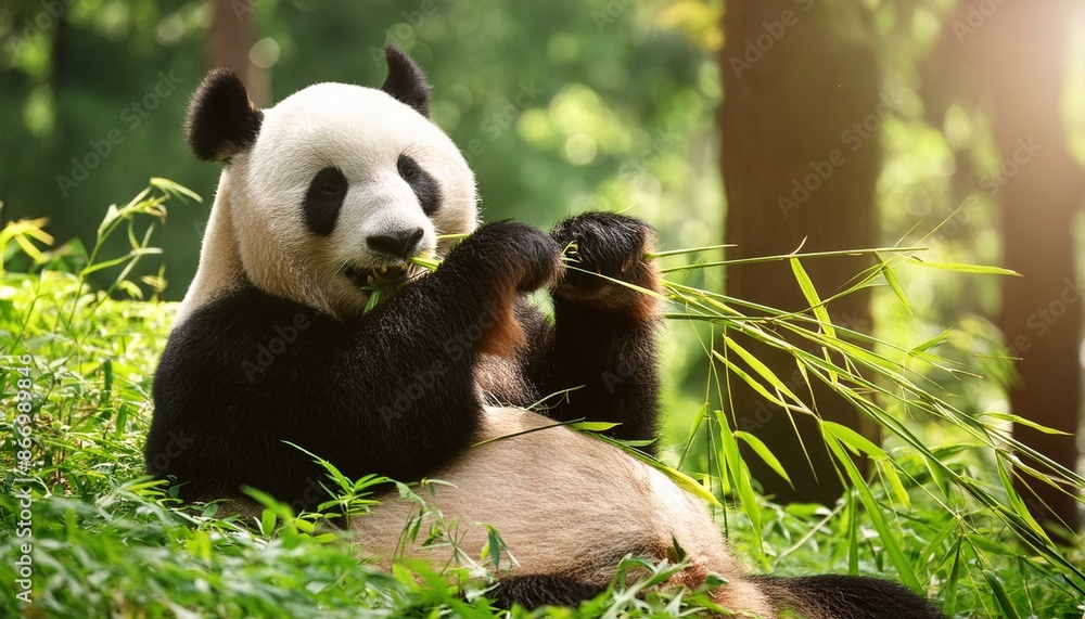 Fototapeta premium A panda bear eating bamboo in a lush green forest