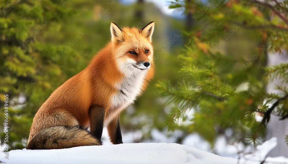 Fototapeta premium A red fox sitting in a snowy forest 6383.jpg, A red fox sitting in a snowy forest