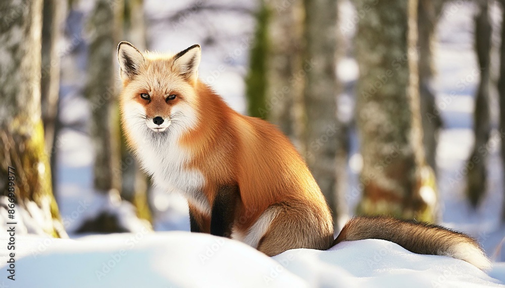 Obraz premium A red fox sitting in a snowy forest 6383.jpg, A red fox sitting in a snowy forest