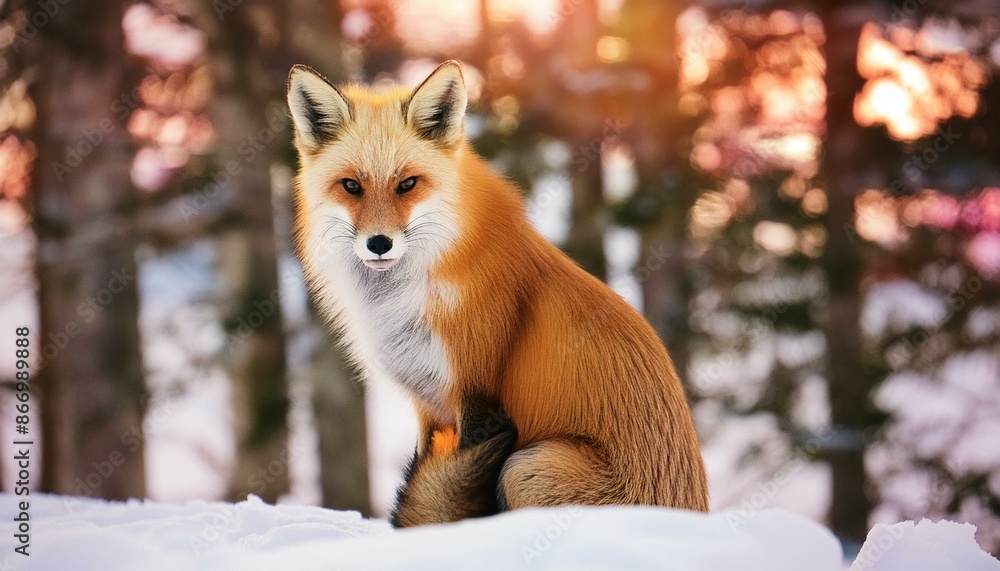 Fototapeta premium A red fox sitting in a snowy forest 6383.jpg, A red fox sitting in a snowy forest