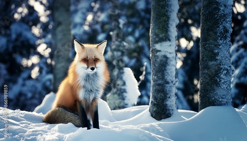 A red fox sitting in a snowy forest 6383.jpg, A red fox sitting in a snowy forest photo