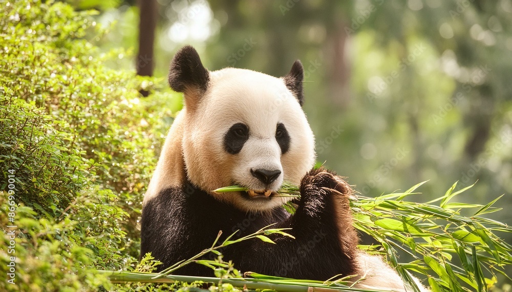 Fototapeta premium A panda bear eating bamboo in a lush green forest