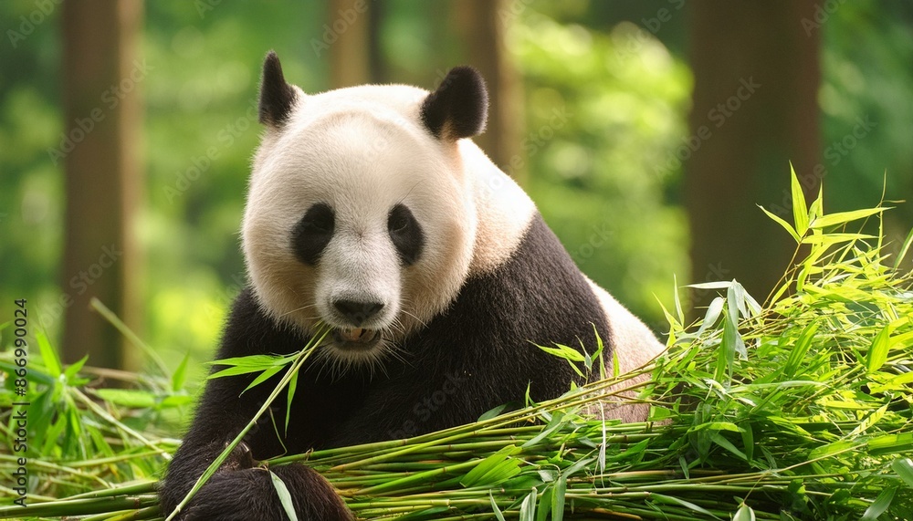 Obraz premium A panda bear eating bamboo in a lush green forest