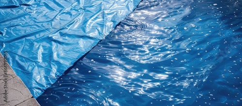 Protective Blue Tarpaulin Swimming Pool Cover on a Summer Day photo