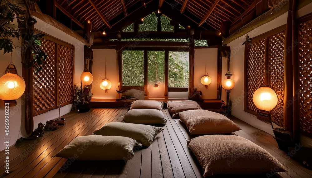 A serene meditation room with floor cushions, low lighting, and a calming ambiance A serene meditation room with floor cushions, low lighting, and a calming ambiance