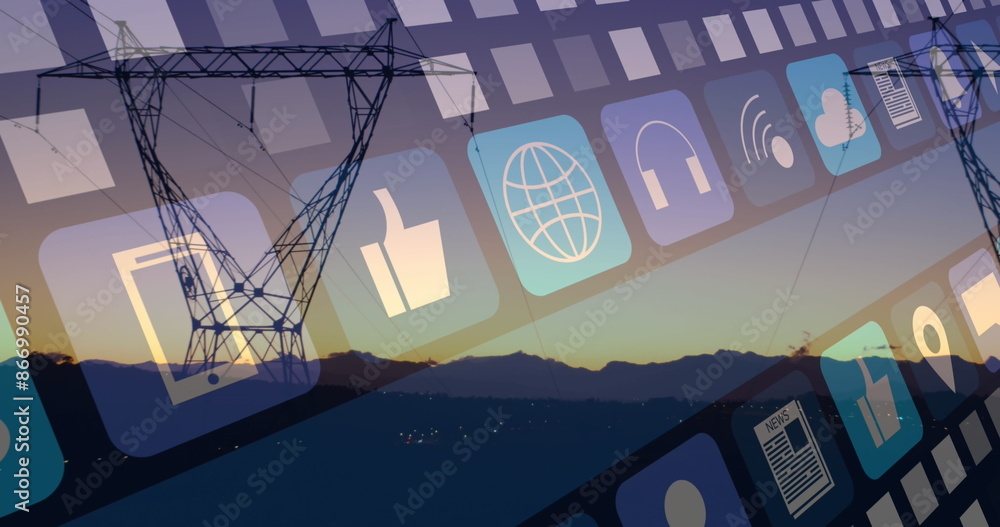 Fototapeta premium Image of multiple digital icons over network towers against sunset sky