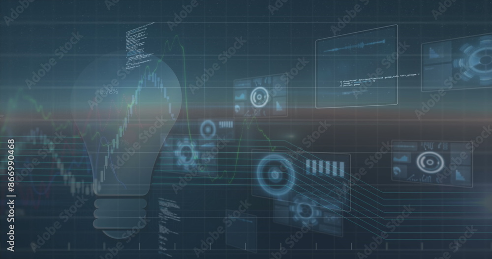 Image of bulb icon and screens with round scanners and data processing on blue background