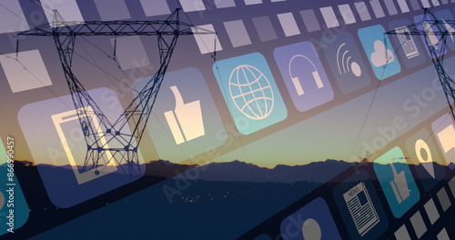 Image of multiple digital icons over network towers against sunset sky