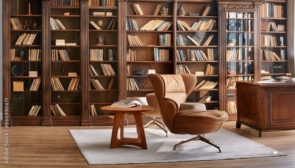 A sophisticated library with bookshelves, a reading book, and a rolling A sophisticated library with bookshelves, a reading book, and a rolling