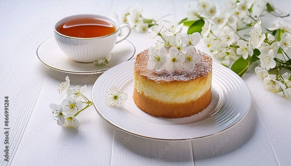 cake on a white plate with a cup of tea cake on a white plate with a cup of tea