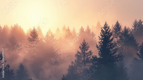 Serene forest scene at dawn with soft sunlight illuminating misty trees. Ideal for nature conservation projects. Generative AI