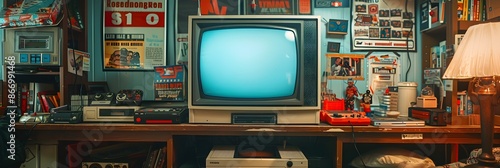 A game console from the 80s sits beside an old TV, surrounded by vintage memorabilia The room is adorned with posters and knickknacks from the era, creating an immersive retro atmosphere