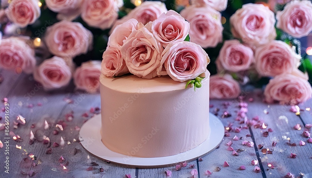 cake with delicate pink roses at the celebration; wedding concept cake with delicate pink roses at the celebration; wedding concept