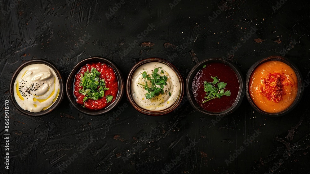 Set of five dip sauces shot from above on dark table Set of five dip sauces shot from above on dark table