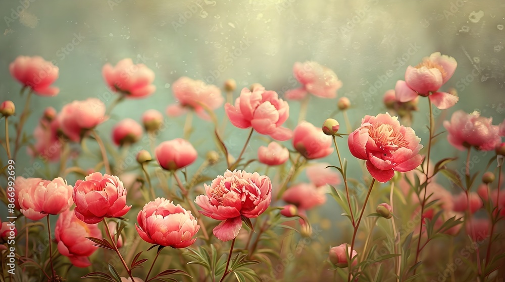 Obraz premium An old-fashioned summer field featuring blooming wild peonies with ample copy space image