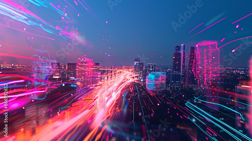 Vibrant cityscape with neon lights and car light trails
