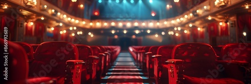 Empty red seats in an old-fashioned cinema hall with ambient lighting