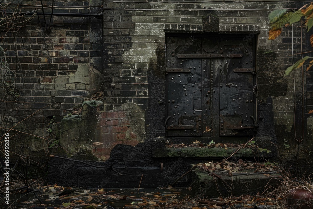 Crumbling brick wall with old black metal door showing signs of age and decay
