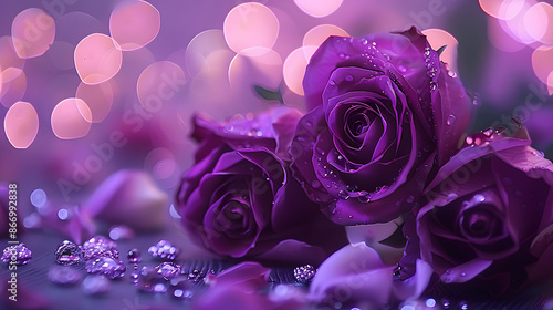 Fototapeta Naklejka Na Ścianę i Meble -  purple roses and purple hearts on purple background with bokeh lights, love wallpaper, purple flowers, purple valentine's day design, purple rose background.