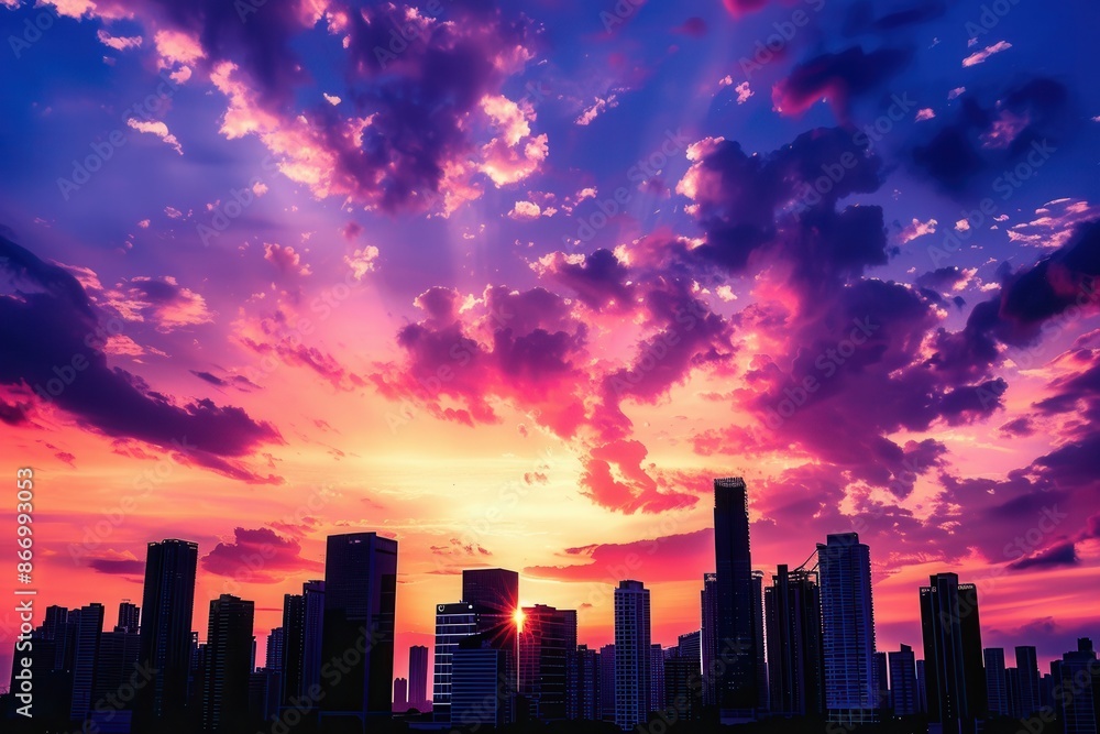 Fototapeta premium A captivating sunset cityscape showcasing skyscrapers silhouetted against a sky ablaze with vibrant hues of pink, orange, and purple. Generative AI