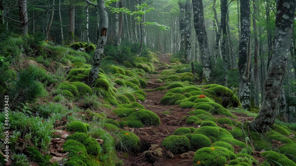 Fototapeta premium Trail through a forest covered with moss