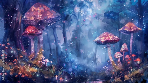 Magical forest with glowing mushrooms and a mysterious path