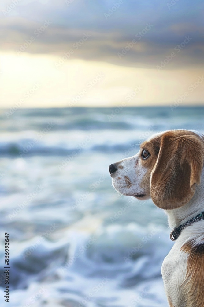 Beagle puppy walking alone on the beach at sunset. Beagle puppy walking alone on the beach at sunset.
