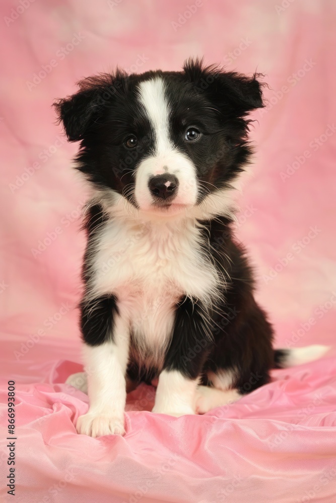 Fototapeta premium Border Collie puppy posing against a plain pink background.
