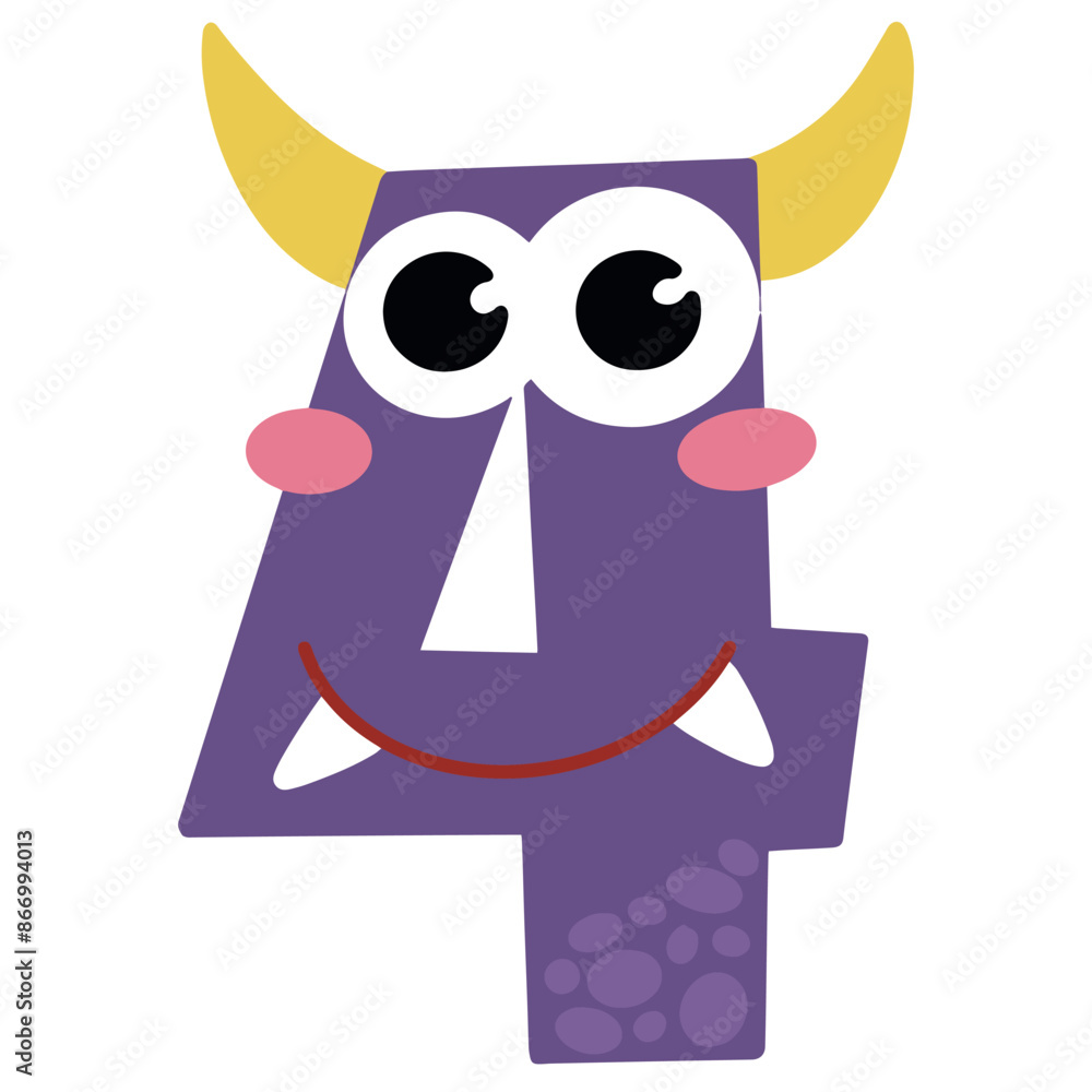 Cute monster cartoon number 4 number four with smiley face illustration Cute monster cartoon number 4 number four with smiley face illustration