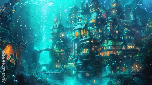 A whimsical underwater city with glowing lights and bridges.