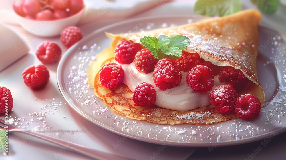 Delicious crepe topped with fresh raspberries, whipped cream and powdered sugar. Delicious crepe topped with fresh raspberries, whipped cream and powdered sugar.
