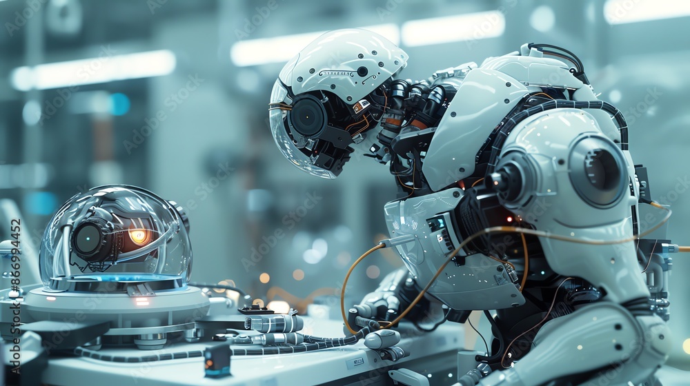 Fototapeta premium A humanoid robot working on a futuristic device in a laboratory setting.