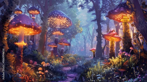 Magical forest with glowing mushrooms and a mysterious path